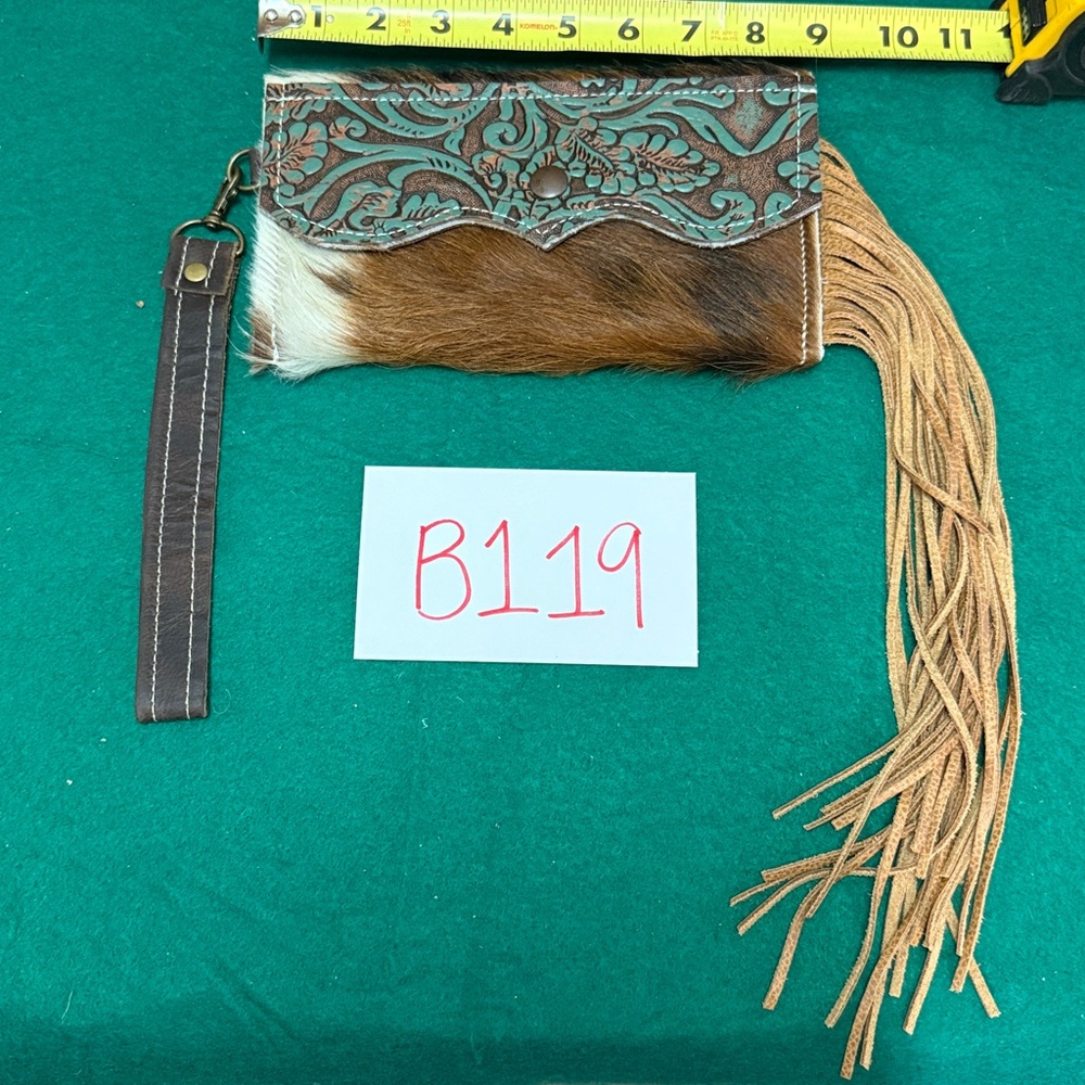 Brown / White Cowhide w/ Turquoise / Brown Leather w/ added leatherFringe Clutch
